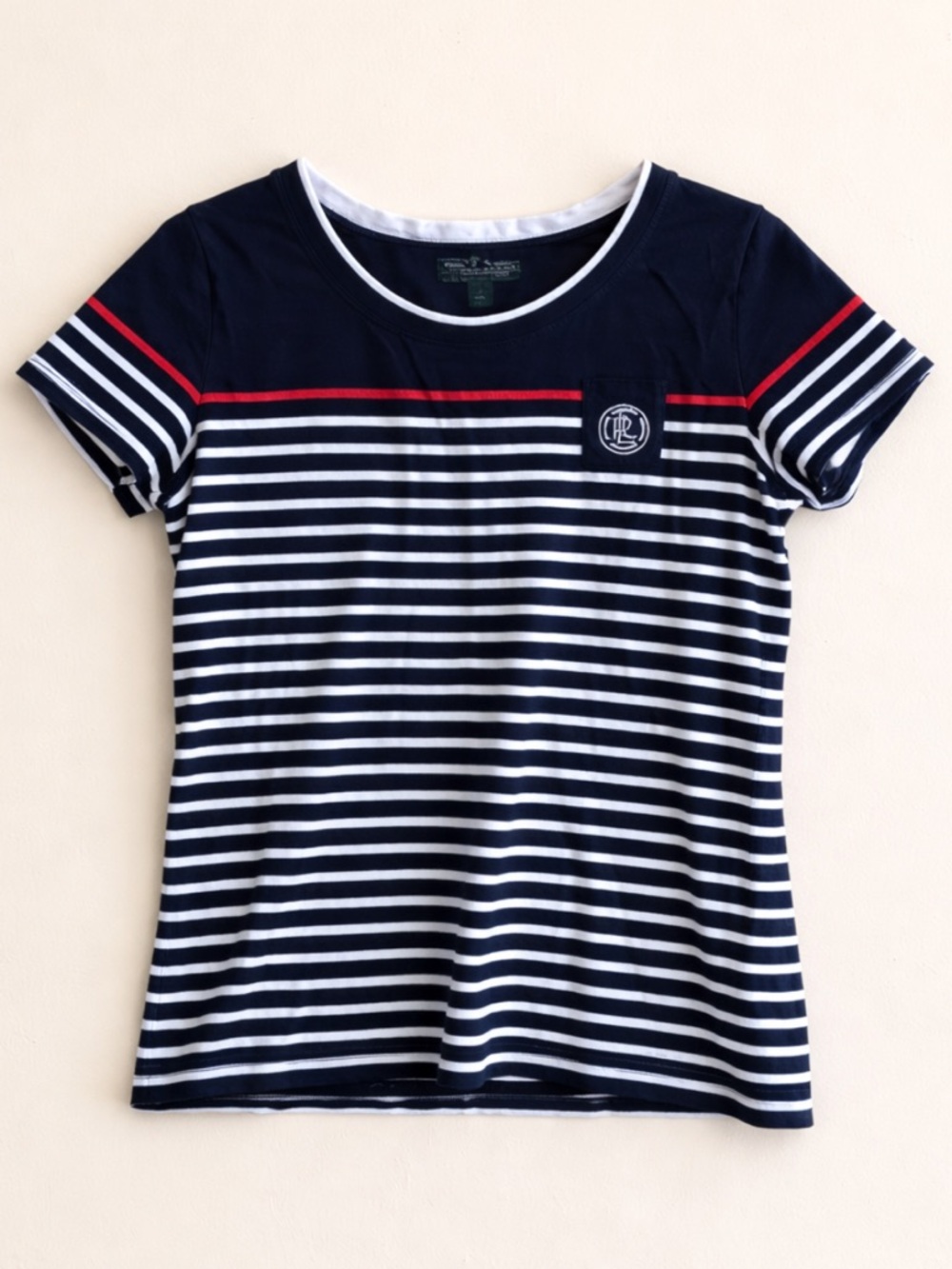 Y2K Lauren Ralph Lauren Striped Tee Navy White Red Logo Pocket Preppy Casual Top